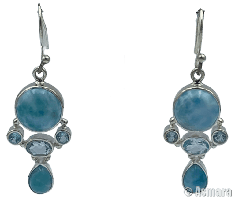 Boucle D'oreille 2 Larimars et 3 Topazes Bleu argent 925